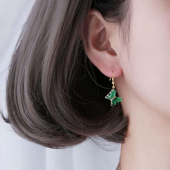 CZ Butterfly Glass Drop Dangle Earrings Sterling Silver Zirconia Gold Plated - Picture 2 of 5